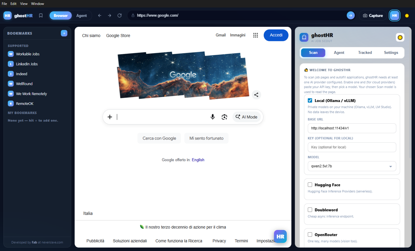 ghostHR desktop app with browser and job-site bookmarks